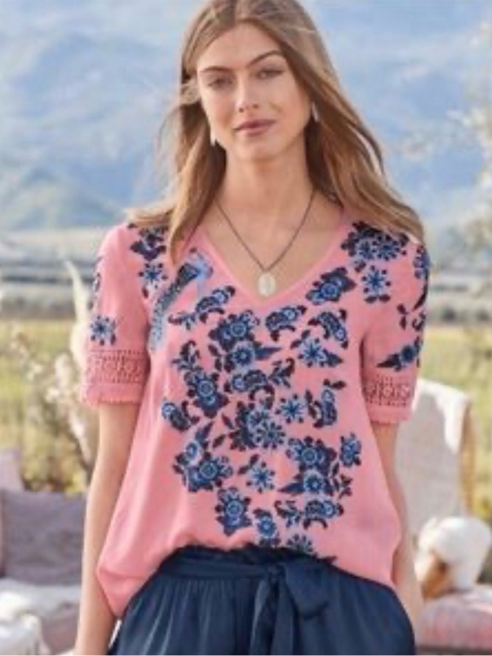 Sundance Pink Tunic with Navy Blue Floral Embroidery